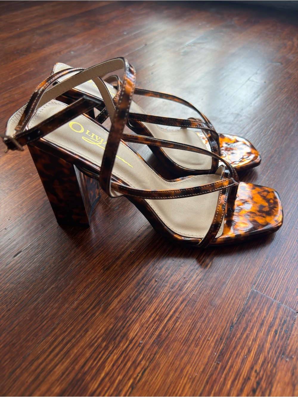 Olivia Jaymes Tortoise Print Strappy‎ Block Heel Sandals Square Toe Brown 8.5